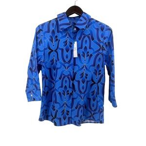 Perlavera Cindy Blue Geometric Print Cotton Button Down Shirt 3/4 Sleeve Medium